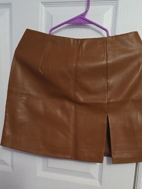 Forever 21 Brown Faux Leather Mini Skirt with Front Slit